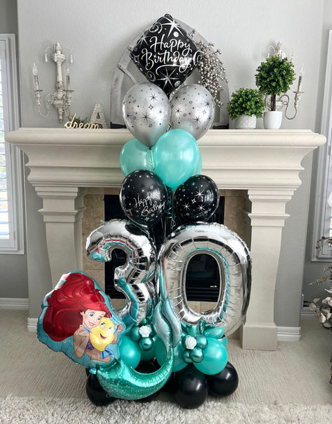 balloon marquee, sculpted balloon arrangement, 30th birthday balloon arrangement, blue silver balloon decor, blue silver balloon bouquet, Ariel Balloon