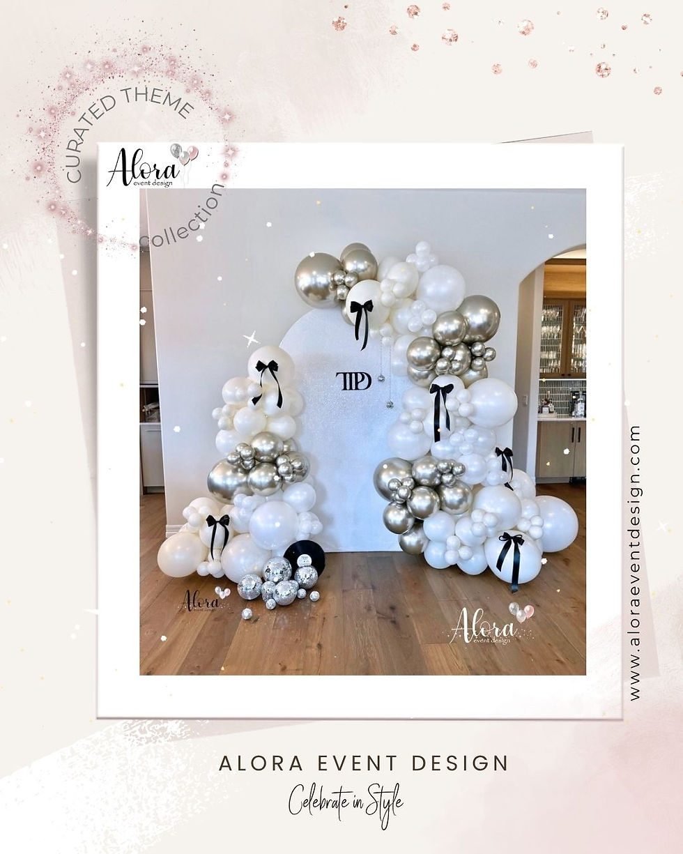 Taylor Swift party balloon décor with neutral palette, black bows, and disco balls for album celebration