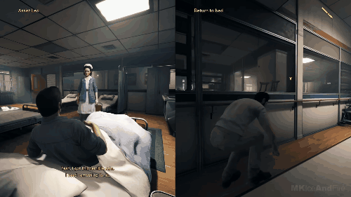 In stealth sections one character needs to sneak past some guards while the other one distracts them.