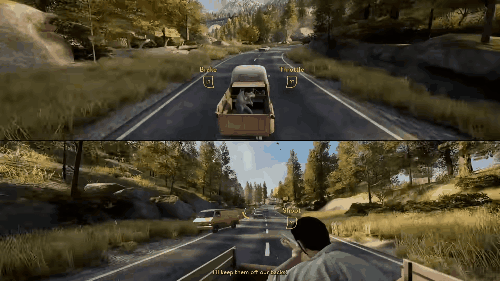 In driving sections one character drives a vehicle paying attention to avoid obstacles while the other one shoots at enemies trying to catch you.