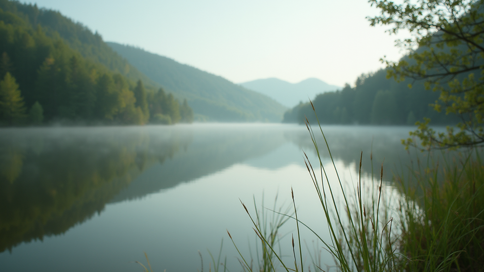Close-up view of a serene nature scene with a calm lake