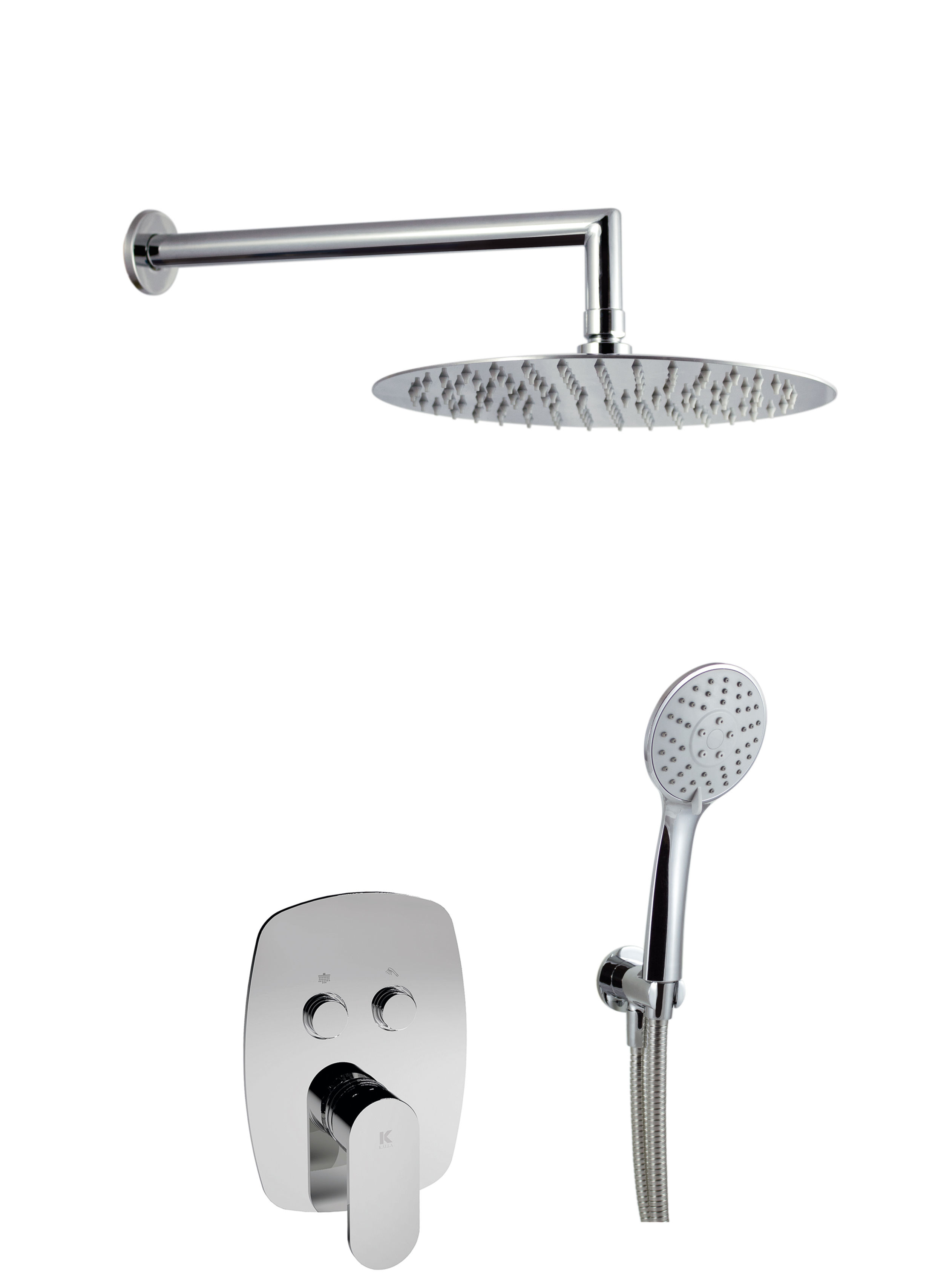 Conjunto de.Ducha cromo, Empotrado con pulsador 3 vias a pared,mod .OMNIA