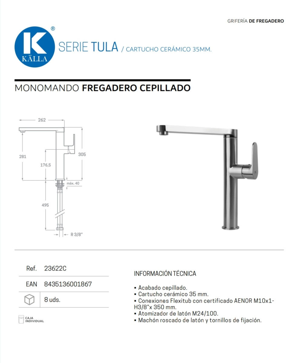 Miniatura: Monomando .Fregador cromo mod.TULA CEPILLADO