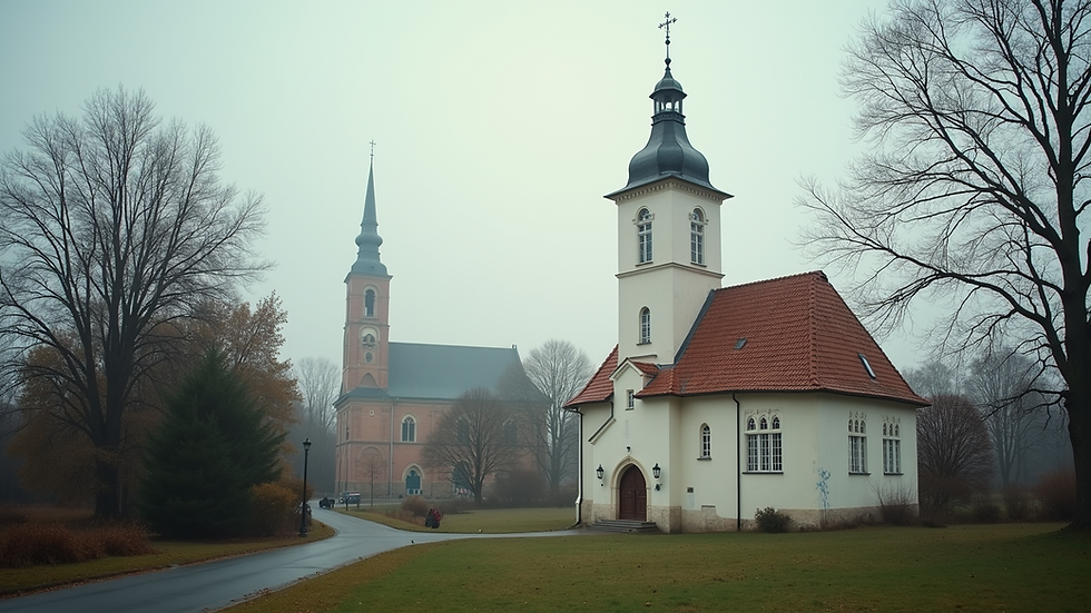 Weitwinkelaufnahme einer Synagoge und einer Kirche nebeneinander