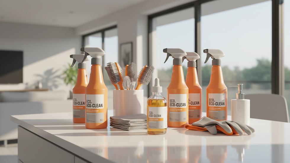 Close-up view of cleaning supplies arranged for a professional home cleaning