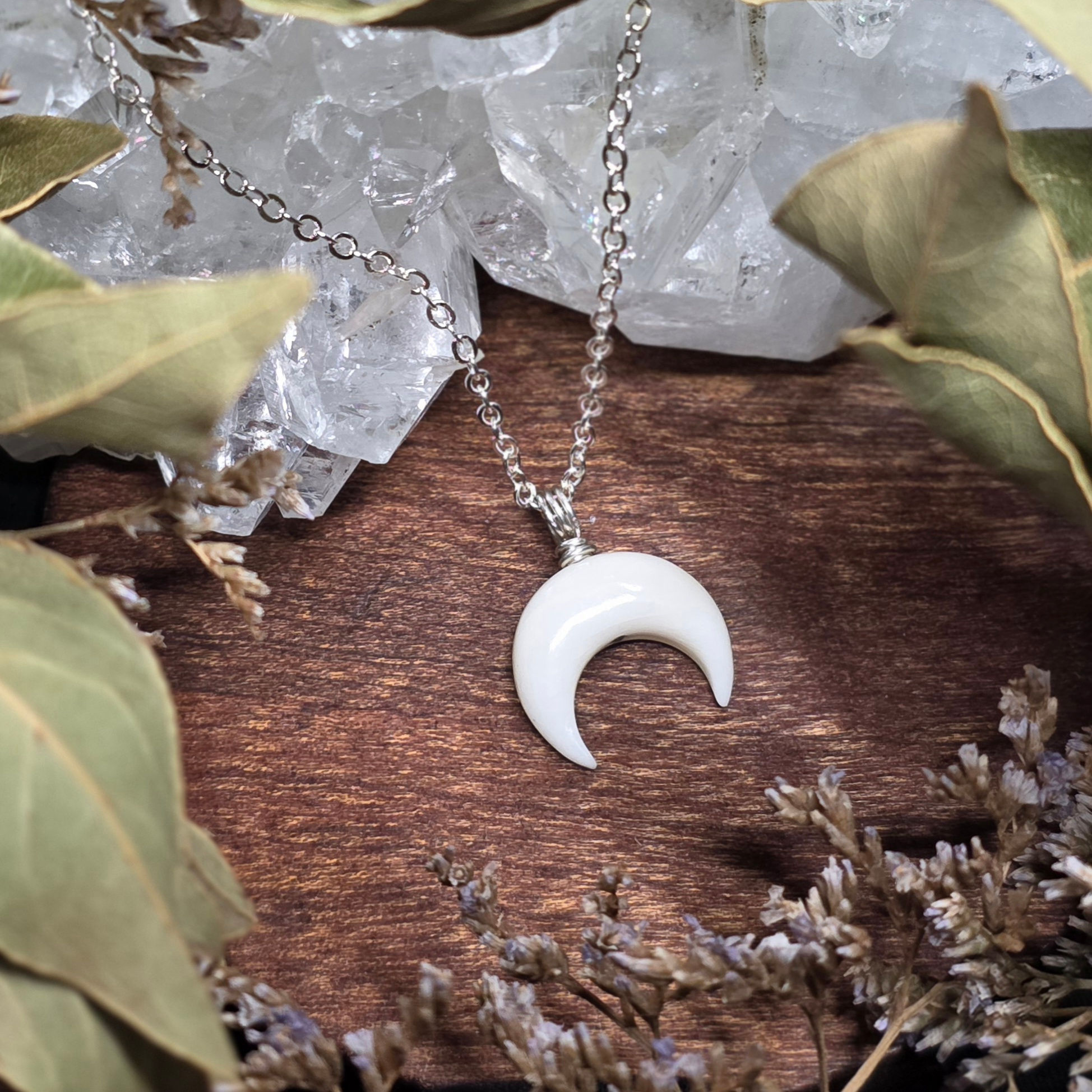 Banteng Cattle Bone Crescent Moon Silver Pendant 17" chain