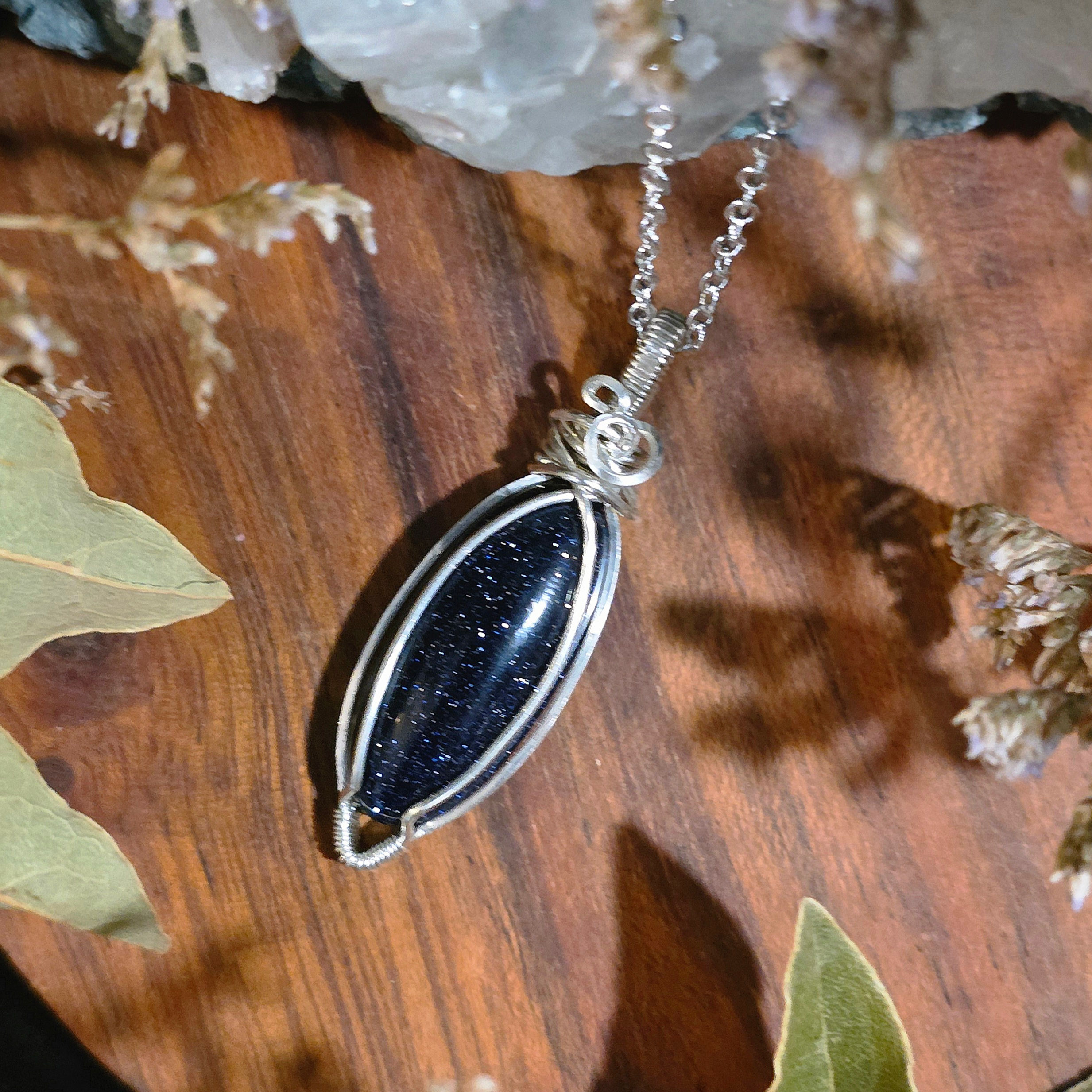 Blue Goldstone Silver Pendant 17" chain