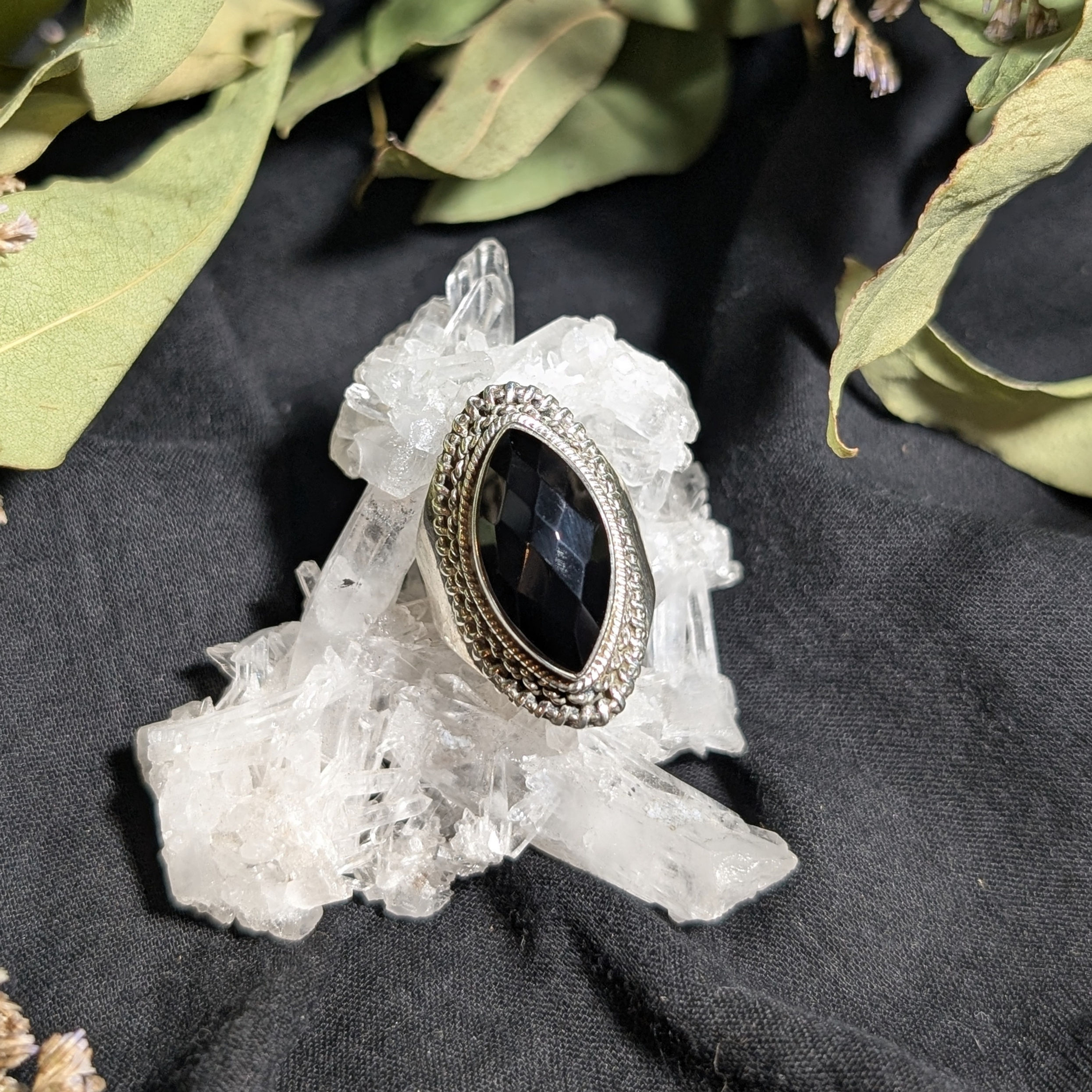 Faceted Black Onyx Sterling Silver Ring size 7.5