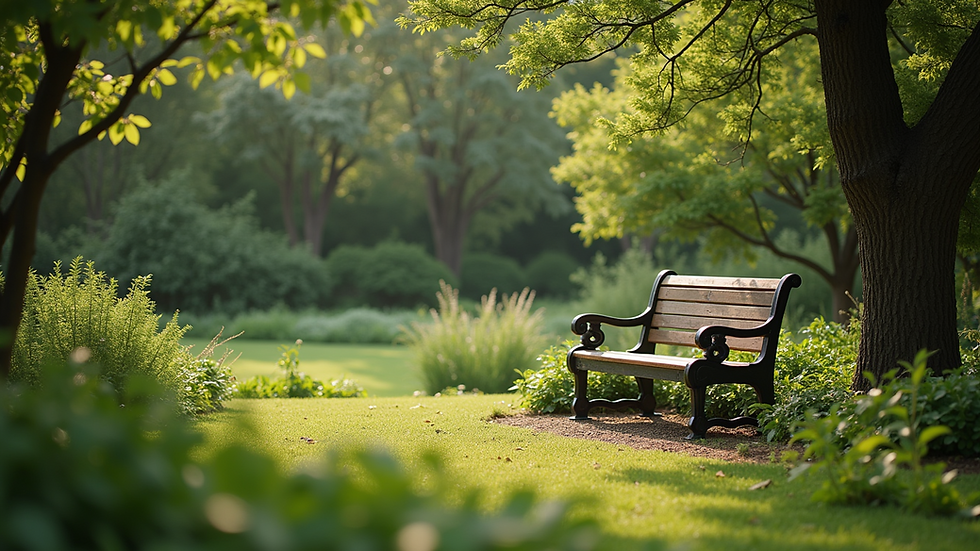 Close-up view of a serene garden with a wooden bench
