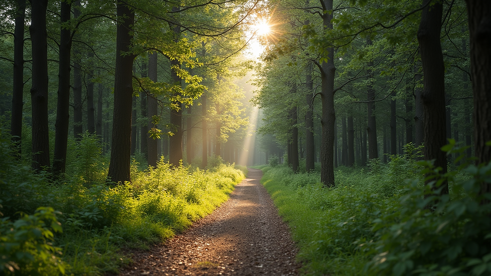 Wide angle view of a tranquil forest path surrounded by trees