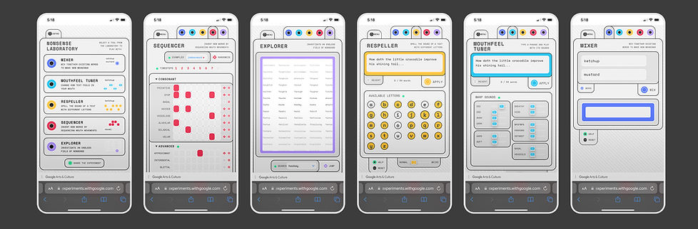mobile screens showin all the tools within the nonsense lab
