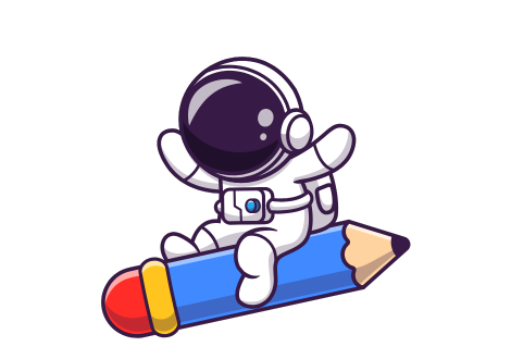 Astronaute joyeux chevauchant un crayon géant, illustrant la création de textiles personnalisés et de goodies sur mesure : t-shirts, mugs, sacs, objets promotionnels et supports de communication durables