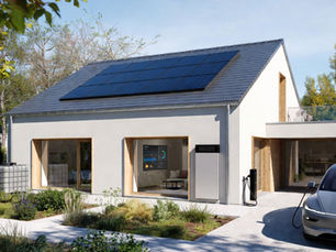 Maison autonome 2026 Orléans centre : panneaux solaires toit + batterie lithium stockage + cuve eau pluie + smart home écran + recharge VE wallbox, autoconsommation totale + prime IRVE 300 € + prime autoconsommation 80 €/kWc, habitat zéro énergie éco-responsable photo pro 8K