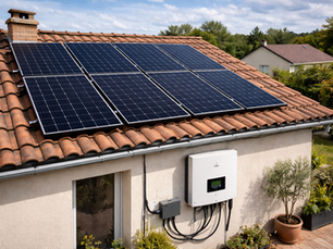 Kit solaire photovoltaïque 3 kWc monophasé avec onduleur hybride, composé de 6 panneaux solaires monocristallins de 500 Wc, installé sur le toit en tuiles d’une maison individuelle en France, solution d’autoconsommation avec stockage possible.