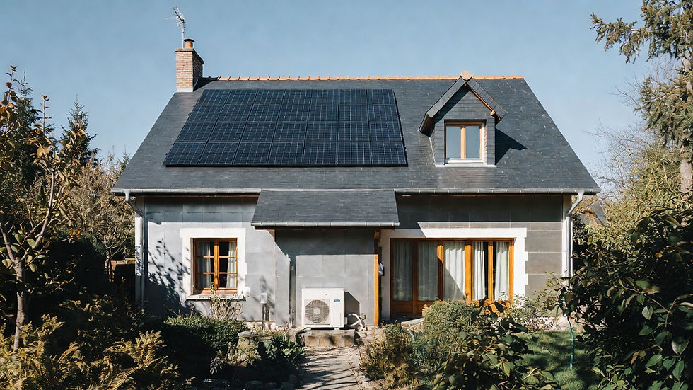 Rénovation énergétique 2026 Orléans : maison rénovée panneaux solaires photovoltaïques, isolation murs, fenêtres modernes, pompe à chaleur extérieure, MaPrimeRénov’ aides prime autoconsommation, habitat éco-responsable durable, photo pro 8K
