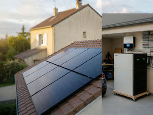 Installation photovoltaïque résidentielle en Centre-Val de Loire avec panneaux solaires sur toiture en tuiles, batterie domestique Bluetti AC500 et B300K dans le garage, onduleur Huawei SUN2000 raccordé au tableau électrique, système de stockage et monitoring affichant production solaire en temps réel et niveau de charge batterie.
