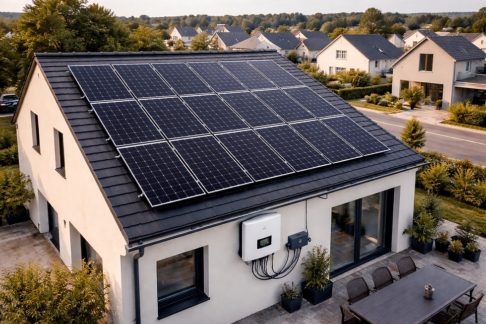 Installation d’un kit solaire photovoltaïque 8 kWc triphasé avec onduleur hybride, comprenant 16 panneaux solaires monocristallins de 500 Wc, installés sur une toiture moderne en tuiles plates d’une maison récente située dans un lotissement résidentiel en France, vue aérienne d’un système d’autoconsommation avec stockage possible.