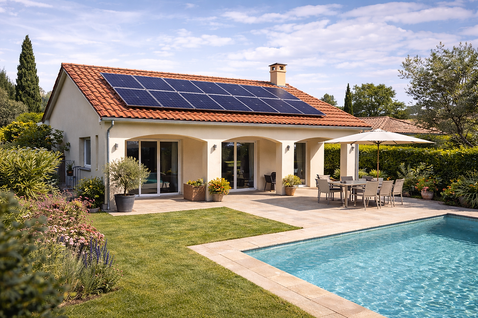 Maison familiale récente en France, toiture en tuiles avec exactement 8 panneaux solaires photovoltaïques de 500 Wc installés en deux rangées de quatre, intégration toiture réaliste, environnement pavillonnaire calme, jardin avec terrasse, lumière naturelle de fin de matinée, ciel bleu légèrement nuageux, style photographie immobilière professionnelle, rendu ultra réaliste, pas de personnes, pas de texte, pas de logo, pas d’effet futuriste.