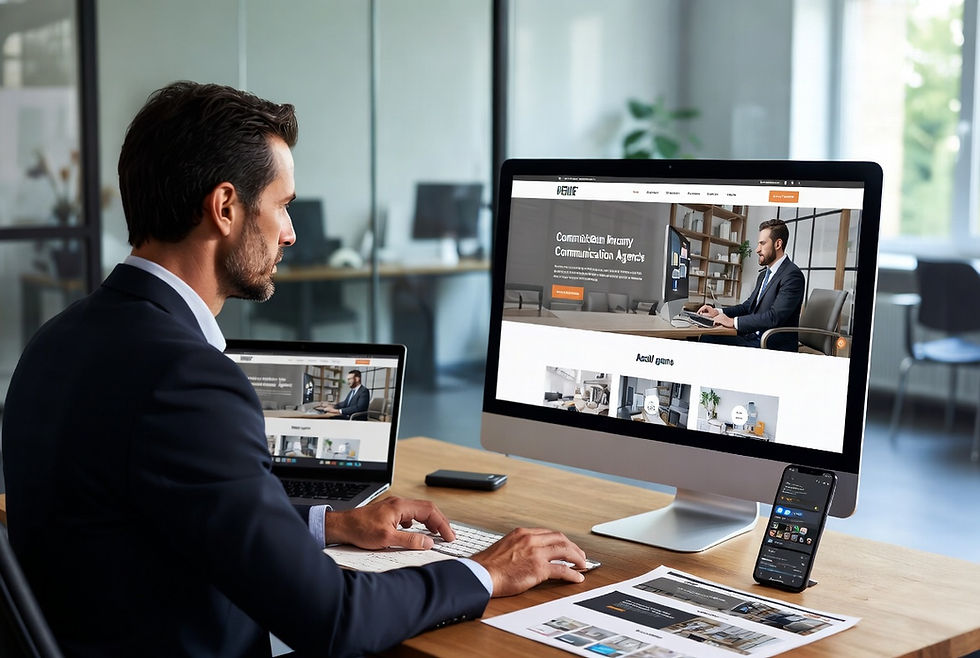Dirigeant d’entreprise comparant l’impact d’un site internet professionnel et des réseaux sociaux avec une agence de communication.