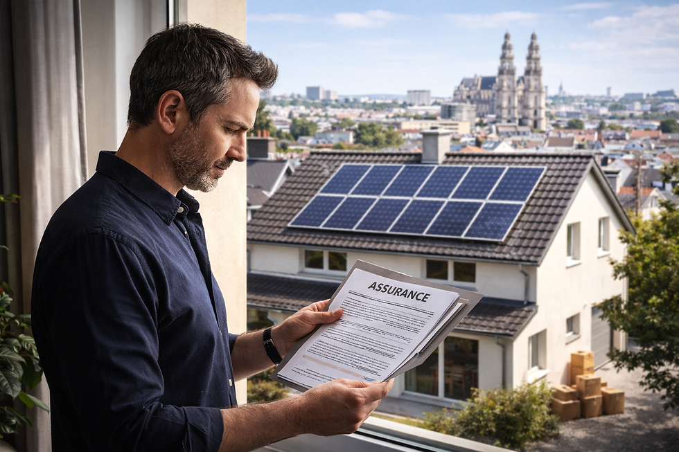 Propriétaire consultant des documents d’assurance à l’intérieur de sa maison à Tours centre, près d’une fenêtre donnant sur une maison individuelle équipée de panneaux solaires photovoltaïques. Lumière naturelle, ambiance rassurante et sérieuse, contexte résidentiel français illustrant la gestion d’une installation solaire.
