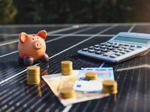 Mon Kit Énergie - Tirelire, pièces de monnaie et calculatrice posées sur un panneau solaire symbolisant les économies et les aides financières liées à l’installation de panneaux photovoltaïques.