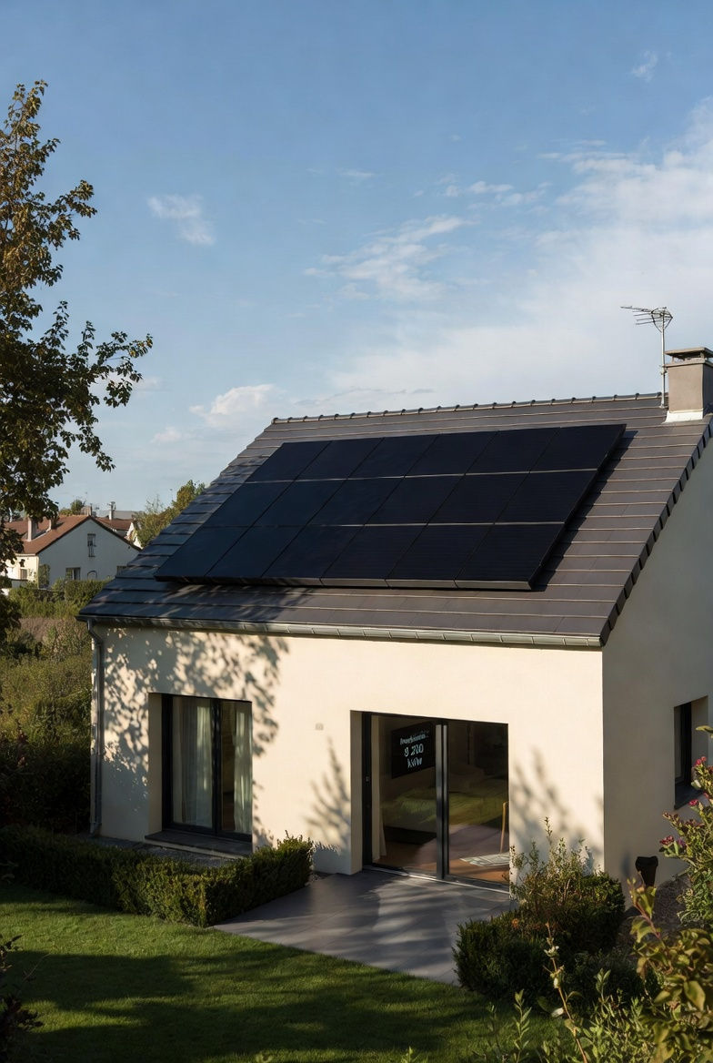 Maison individuelle moderne à Chambray-lès-Tours (Indre-et-Loire) équipée de 17 panneaux solaires photovoltaïques noirs en surimposition sur toiture en tuiles foncées, installation solaire résidentielle en autoconsommation dans un quartier calme proche de Tours, production annuelle affichée de 8 200 kWh visible à l’intérieur, projet d’énergie solaire performant en région Centre-Val de Loire.