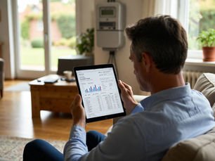 alt="Propriétaire français consultant sa facture d’électricité sur une tablette dans son salon lumineux, compteur électrique discret en arrière-plan, maison moderne classe moyenne, atmosphère quotidienne réaliste, lumière naturelle du jour, style photo reportage premium haut de gamme, économies d’énergie France"