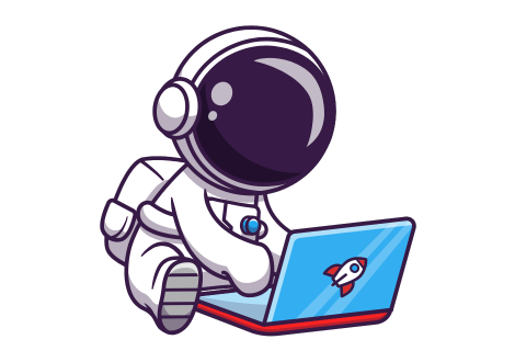 Illustration d’un astronaute concentré sur un ordinateur portable, symbolisant la création de sites web modernes, performants, responsive et optimisés pour le référencement SEO