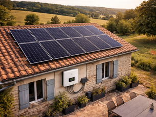 Installation d’un kit solaire photovoltaïque 6 kWc triphasé avec onduleur hybride, composé de 12 panneaux solaires monocristallins de 500 Wc, installé sur une toiture en tuiles canal d’une maison en pierre en zone rurale en France, vue aérienne d’un système d’autoconsommation avec stockage possible.