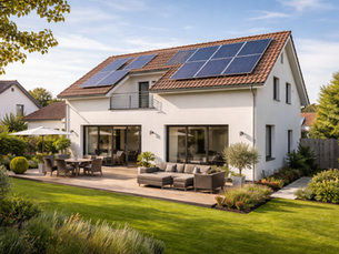 Maison individuelle moderne en France avec panneaux solaires photovoltaïques sur toiture en tuiles, jardin avec terrasse, environnement pavillonnaire calme, lumière naturelle de fin d’après-midi, style photographie immobilière professionnelle