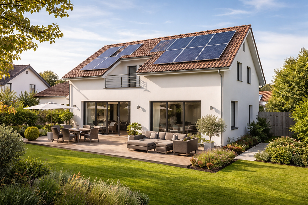 Maison individuelle moderne en France avec panneaux solaires photovoltaïques sur toiture en tuiles, jardin avec terrasse, environnement pavillonnaire calme, lumière naturelle de fin d’après-midi, style photographie immobilière professionnelle