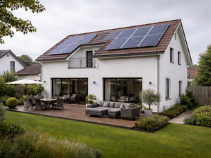 Maison individuelle en France équipée de panneaux solaires photovoltaïques Mon Kit Énergie sur toiture en tuiles, sous une pluie fine avec ciel gris lumineux, gouttes visibles sur les panneaux, jardin pavillonnaire légèrement mouillé, photographie immobilière professionnelle ultra réaliste