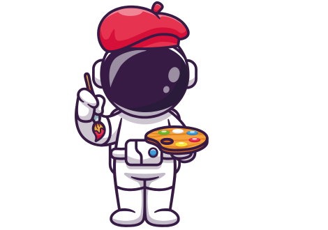 Astronaute créatif tenant une palette de couleurs et un pinceau, représentant la conception graphique sur mesure : logo, identité visuelle, direction artistique et supports print & digitaux