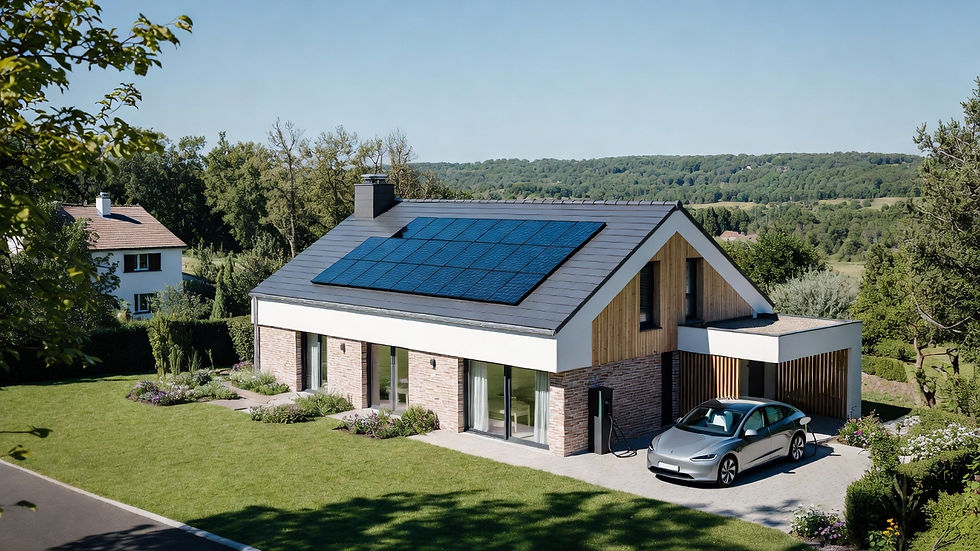 Kit solaire + borne recharge VE 2026 Blois : maison moderne panneaux photovoltaïques toit, voiture électrique en charge wallbox domicile, autoconsommation + prime IRVE 300 € + prime autoconsommation 80 €/kWc, vue vallée Loire ensoleillée, lifestyle éco-mobilité photo pro 8K