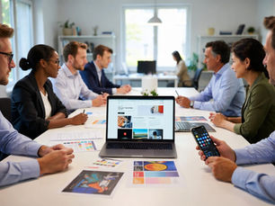 Équipe d’agence de communication en réunion dans un bureau moderne à Orléans, travaillant sur un site internet, des supports graphiques et une stratégie digitale.