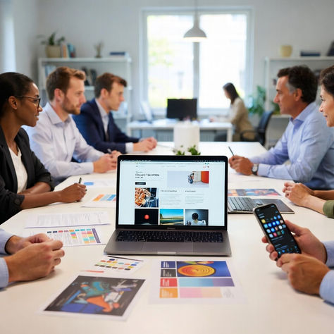 Équipe d’agence de communication en réunion dans un bureau moderne à Orléans, travaillant sur un site internet, des supports graphiques et une stratégie digitale.