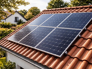 Panneaux solaires photovoltaïques 500 Wc Mon Kit Énergie installés sur toiture en tuiles d’une maison individuelle moderne en France, vue rapprochée en fonctionnement sous soleil doux, environnement pavillonnaire calme, photographie immobilière professionnelle ultra réaliste