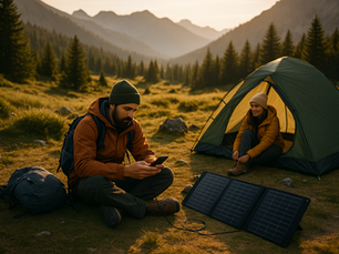 Deux campeurs installés en pleine nature utilisent un panneau solaire portable pour recharger un téléphone, avec une tente derrière eux. La scène illustre l’autonomie énergétique en extérieur grâce aux solutions solaires proposées par Mon Kit Énergie.