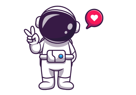 Astronaute souriant faisant un signe de paix, avec une icône cœur en bulle, incarnant le community management, la stratégie réseaux sociaux et la création de contenus engageants