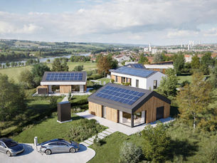 Quartier maisons autonomes 2026 Centre-Val de Loire : panneaux solaires + batteries stockage + smart energy + recharge VE wallbox, autoconsommation totale + prime IRVE 300 € + prime autoconsommation 80 €/kWc, mix campagne-ville fleuve Loire en fond, habitat zéro énergie durable photo aérienne pro 8K