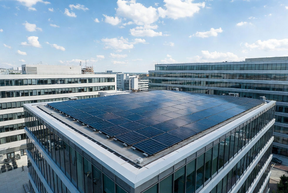 Grand immeuble de bureaux moderne en quartier d’affaires avec toiture équipée de panneaux solaires photovoltaïques, bâtiments tertiaires contemporains, panneaux solaires visibles sur le toit, environnement urbain moderne, photographie ultra réaliste d’architecture durable et énergie renouvelable pour entreprises B2B