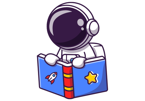 Astronaute concentré en train de lire un grand livre illustré, symbolisant l’impression tous formats : flyers, affiches, brochures, cartes de visite, supports PLV et signalétique de qualité professionnelle