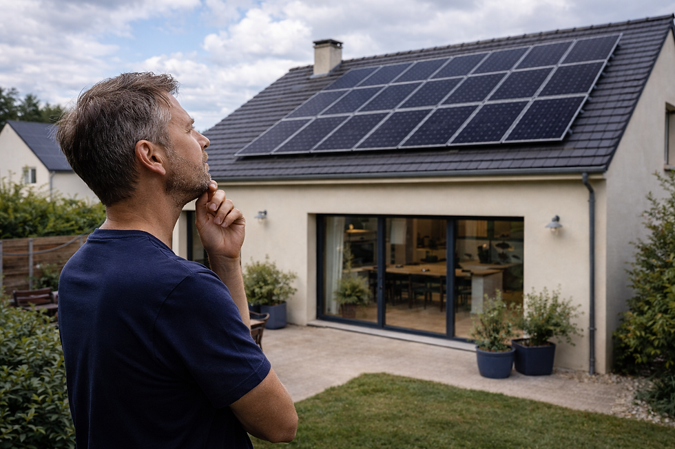 Particulier observant avec attention les panneaux solaires installés sur le toit de sa maison individuelle en France, ambiance quotidienne et réfléchie. Maison résidentielle avec installation photovoltaïque visible, lumière naturelle, scène réaliste d’autoconsommation solaire.