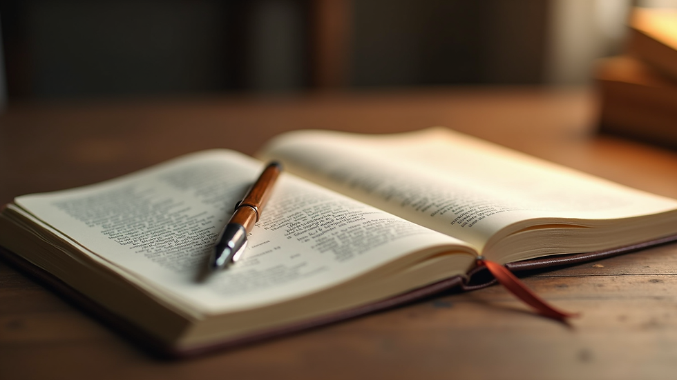 Close-up view of a softly lit prayer journal and a pen on a wooden table