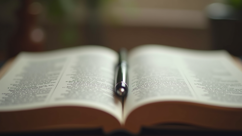 Close-up view of an open prayer journal with a pen resting on the page