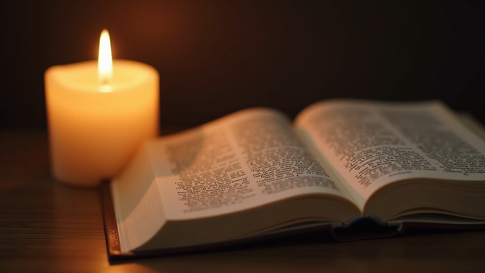 Close-up view of a candle burning softly beside an open Bible