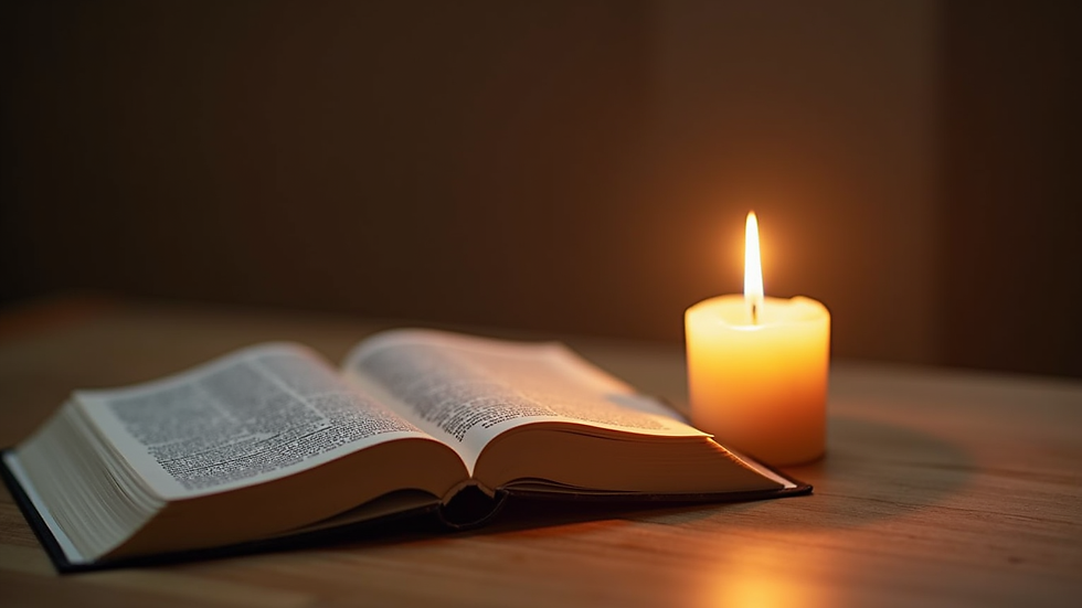 Close-up view of a lit candle beside an open prayer book on a wooden table