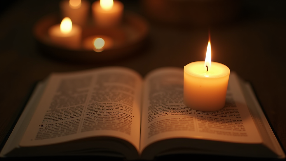 Close-up view of a candle burning softly beside an open prayer book