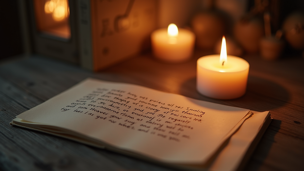 Close-up view of a softly glowing candle beside a handwritten prayer note