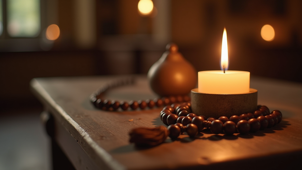 Close-up view of a candle burning softly on a wooden altar with prayer beads beside it